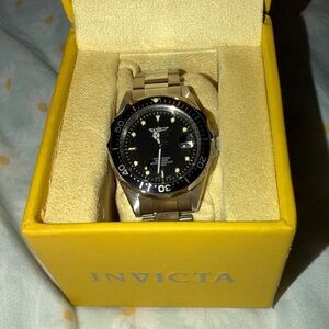 Invicta Silver-Tone Watch with Black Dial and Black Bezel